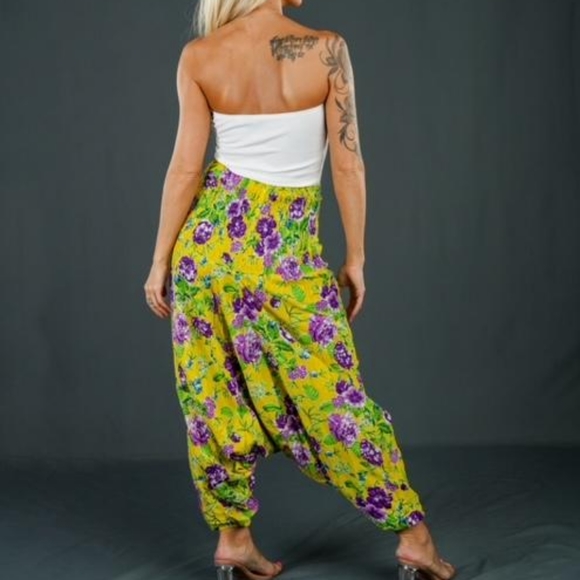 Brand New Hippie Yellow & Purple Floral Print Harem Pants - Picture 1 of 3
